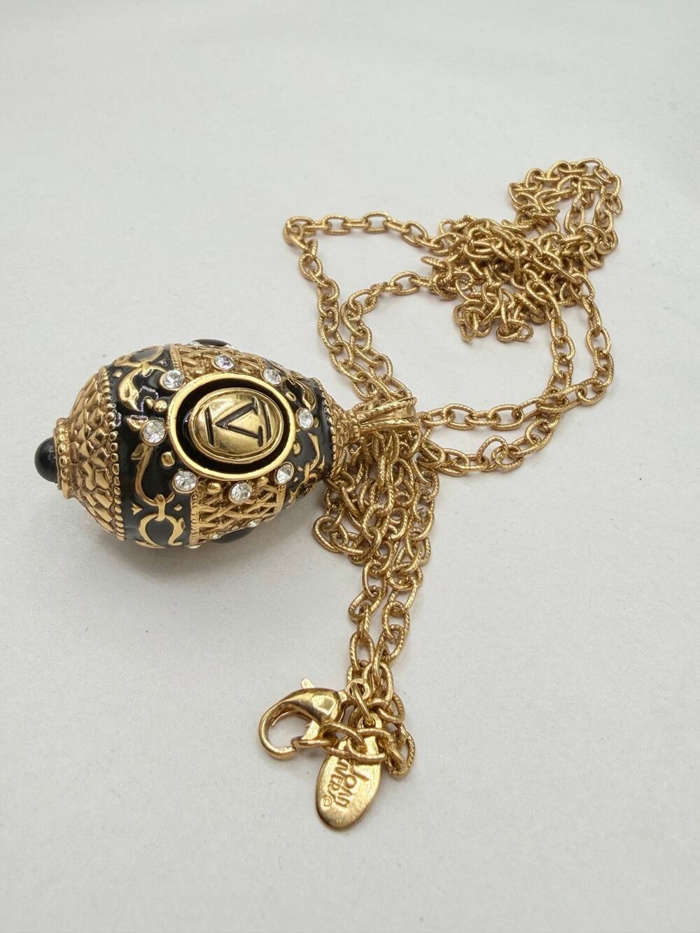 Joan Rivers 5th Anniversary V Egg Pendant Necklace Black Enamel Crystal